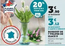 fleurs  de france  helloo  roduction  française  20%  soit 0,78 € verse sur  ,90 le bouquet soit  3.12  le bouquet <carte u déduits bouquet de 7 tulipes de  glace u hauteur des tiges: 40 cm coloris as