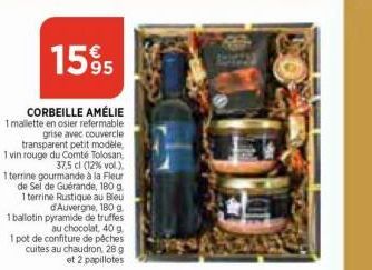 1595  CORBEILLE AMÉLIE 1 mallette en osier refermable grise avec couvercle transparent petit modèle, 1 vin rouge du Comté Tolosan 37,5 cl (12% vol.),  1 terrine gourmande à la Fleur de Sel de Guérande