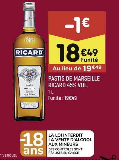 Pastis de Marseille Ricard 45% VOL