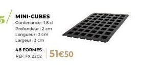 MINI-CUBES Contenance: 1,8 cl Profondeur: 2 cm  Longueur 3 cm  Largeur 3 cm  48 FORMES  REF. FX 2202 51€50 