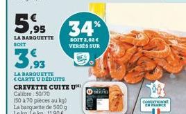 5,95  LA BARQUETTE SOIT  LA BARQUETTE  <CARTE U DÉDUITS  CREVETTE CUITE U Calibre: 50/70  (50 à 70 pièces au kg) La barquette de 500 g Le kg Le kg: 11,90 €  34%  SOIT 2,02 € VERSES SUR  Store  vin  CO