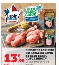 Lapin DE FRANCE  LEBOO  13.90  BLEU BLANC COEUR  Par  CUISSE DE LAPIN X2 OU RABLE DE LAPIN X4 BLEU BLANC COEUR RIBOT La barquette de 400 g environ 