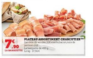 ,90  LA BARQUETTE  PLATEAU ASSORTIMENT CHARCUTIER (jambon de vendée IGP, rosette bacon,noix de  jambon cru) La barquette de 450g Le kg: 17,56 € 