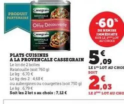 produit partenaire  cassegrain  offre découverte  gassegrain  plats cuisines  a la provencale cassegrain  le lot de 2 boites  ratatouille (soit 760 gl  le kg: 6,70€  le kg des 2:4,68 €  ou aubergines 