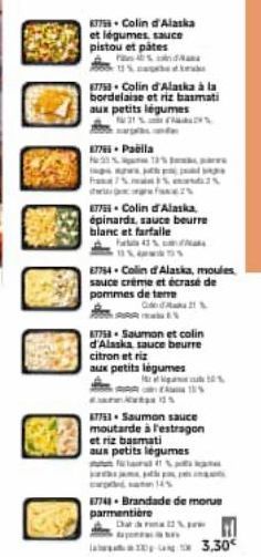 8775 Colin d'Alaska et légumes, sauce pistou et pâtes  P  87758 Colin d'Alaska à la bordelaise et riz basmati aux petits légumes  1776. Paella  %72%  snows, ppjalg  E77. Colin d'Alaska, épinards, sauc