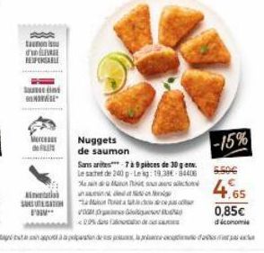 tan d'un RESPONSABLE  Sunda BONDAGE  Merce  FILES  Anti SANTATION F  Nuggets  de saumon  Sans artes 7 à 9 pièces de 30 gen. Le sachet de 240p-Leg: 19,38€-84406 t  k Monta  G  -15%  4.65  0,85€  décono
