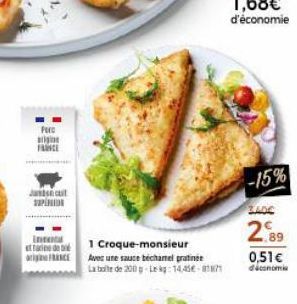 Pur  FRANCE  Jante cit PO  intentat et farine de s FRANCE  1 Croque-monsieur  Avec une sauce bechamel gratine  La boite de 200 g-Leg: 14,45€-8271  -15%  ZADC  289  0,51€  déconomia 