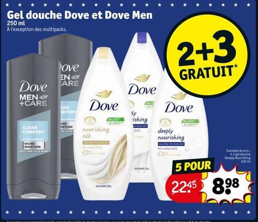 MEN +CARE  CLEAN COMFORT  MICRO MOISTURE  ROOT AND FACE MASH  EN  Dove FARE  ove  EAN MFORT  Gel douche Dove et Dove Men  250 ml  À l'exception des multipacks.  CRO  STURE HD FACE  Dove  nourishing si