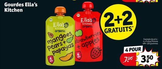Gourdes Ella's Kitchen  mangoes Pears+  Ella's  kitchen organic  2+2  papayas strawberries GRATUITS  +apples  Ella's  kitchen organic  4 POUR 7.⁹0 3.50  Exemple de prix: 4x Fraise/Ponne  4M+ 120 gramm