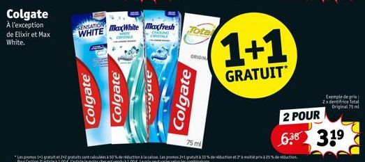 Colgate À l'exception de Elixir et Max White.  SENSATION WHITE  Colgate®  Colgate  COOLING  RISTAL  210610  Max White Max Fresh Total  ORIGIN  Colgate  1+1  GRATUIT  Exemple de prix 2x dentifrice Tota