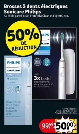 Brosses à dents électriques Sonicare Philips  Au choix parmi 3100, ProtectiveClean et ExpertClean.  50%  DE RÉDUCTION  PHILIPS  sonicare  4300  25  samic  Removes up to 7X more  plaque between teeth  