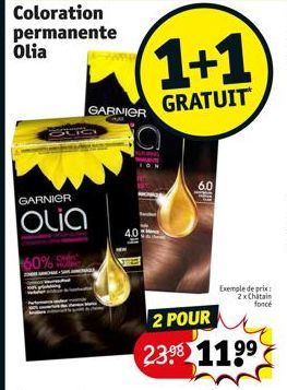 800  GARNIER  Olia  60%  GARNIER  (1+1  GRATUIT  OF  6.0  Exemple de prix 2x Chatain foncé  2 POUR  23⁹8 119⁹ 