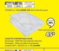 PLUS ke  115x200cm, 1100g 29,99€ 20€ dont 0126 déco-part  COUETTE SYNTHETIQUE ULVIK  Gamissage: 100% fibre de polyester silicone Enveloppe: 100% microfibre de polyester Lavable à 60°C 240x220 cm, 2 15