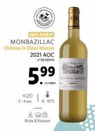 sud-ouest monbazillac  château le vieux manoir 2021 aoc n*5616940  r 3-4 ans  5⁹⁹9⁹  8-10°c  riche & puissant  status  vieux manor 