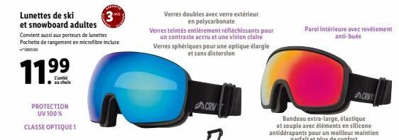 Lunettes de ski  3  et snowboard adultes Convient aussi aux porteurs de lunettes Pochette de rangement en microfibre incluse  11.99  L'unité au chola  PROTECTION UV 100%  CLASSE OPTIQUE1  Verres doubl
