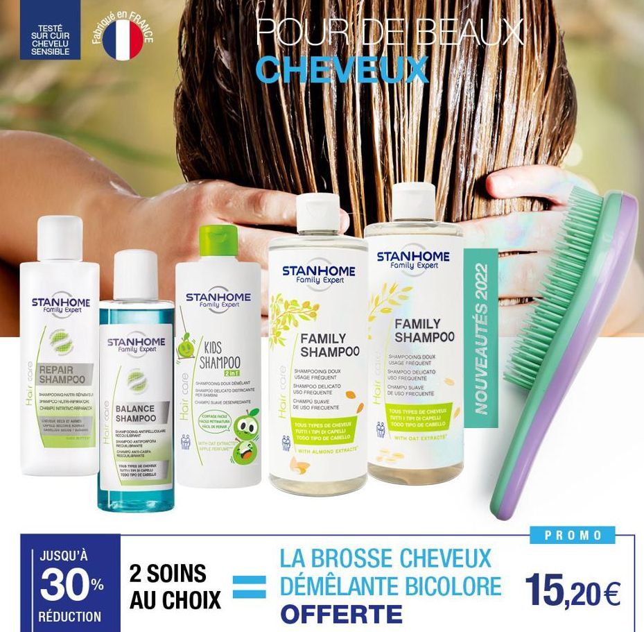 TESTÉ SUR CUIR CHEVELU SENSIBLE  STANHOME Family Expert  Hair care  REPAIR  SHAMPOO  SHAMPOOING NUTR  SHAMPCONLEH-PARADIC CHAMPU NITRITIVO REPARAR  RESEARC UILLON  SADERITTER  эльцае»  STANHOME  Famil