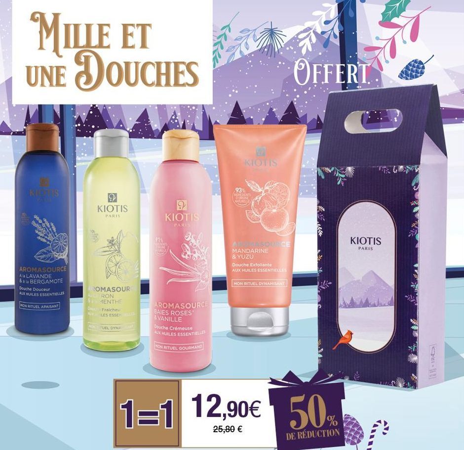 MILLE ET UNE DOUCHES  KIETIS  AROMASOURCE Ala LAVANDE  & a la BERGAMOTE  Douche Douceur  AUX HUILES ESSENTIELLES  MON RITUEL APAISANT  9 KIOTIS  PARIS  OMASOUR RON MENTHE  Fraicheu  O  AUT LES ESSENT 