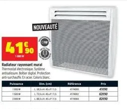 41%  1000w  radiateur rayonnant mural thermostat electronique système antisalissure bolter digital protection anti-surchauffe en acier coloris blanc  puissance 1000 w 1500w  nouveauté  dim. (cm)  58 4