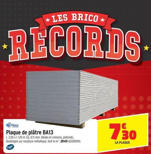 LES BRICO  RECORDS  Placa  Plaque de plâtre BA13 L. 2,50 x 1. 1,20 m. Ép. 12,5 mm. Idéale en cloisons, plafonds, doublages sur ossature métallique. Soit le m²: 2€43 (6530004). NF  730  LA PLAQUE  