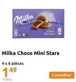 milka  61.20  choco mini stars  milka choco mini stars  4 x 6 pièces  14⁹  9.93/ka 