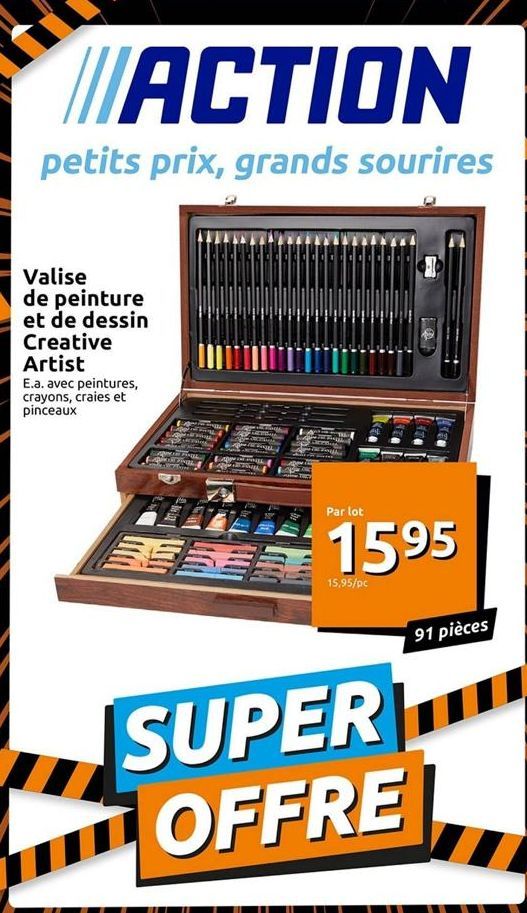 WACTION  petits prix, grands sourires  Valise de peinture et de dessin Creative Artist  E.a. avec peintures, crayons, craies et pinceaux  F  SINGL  SESE  Par lot  1595  15,95/pc  SUPER OFFRE  91 pièce