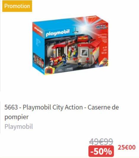 Promotion  playmobil  5663 - Playmobil City Action - Caserne de  pompier  Playmobil  49€99  -50%  25€00 