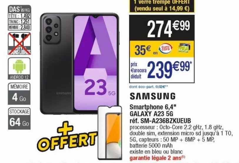 samsung smartphone 6.4" galaxy a23 5g ref.sm-a236bzkueub