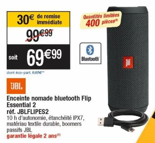 jbl enceinte nomade bluetooth flip essential 2 réf.jblfipes2