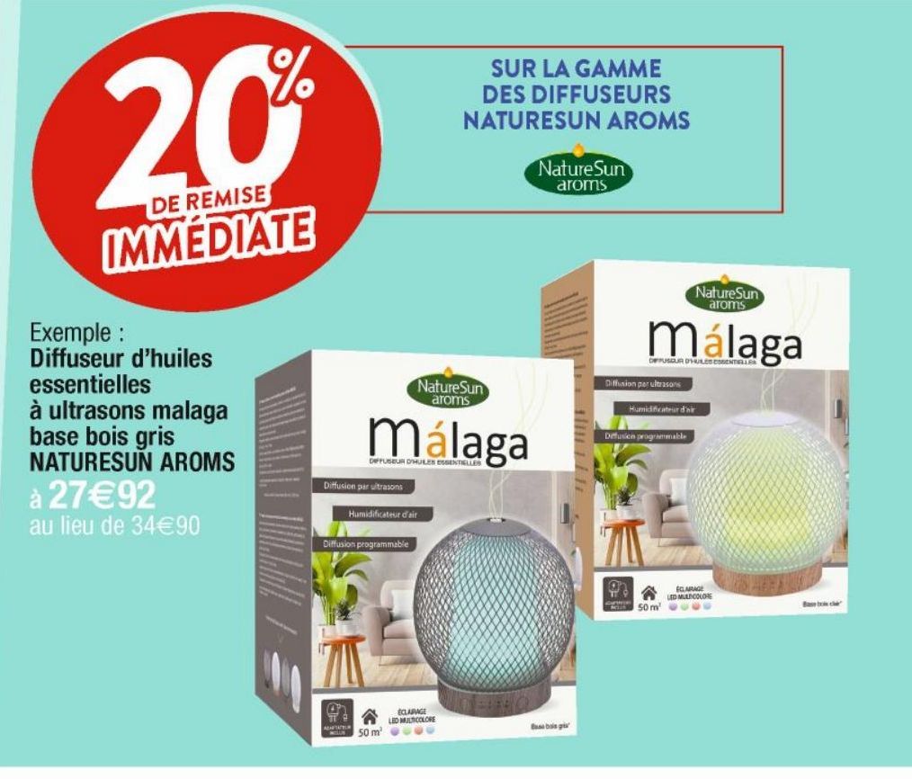 Diffuseur d'huile essentielles à ultrasons malaga base bois gris NATURESUN AROMS