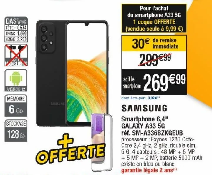 samsung smartphone 6.4" galaxy a33 5g réf.sm-a336bzkgeub