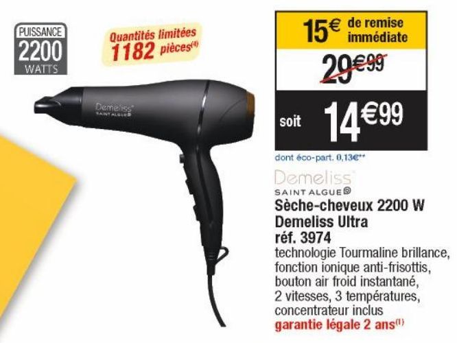 Sèche-cheveux 2200W Demeliss Ultra réf.3974