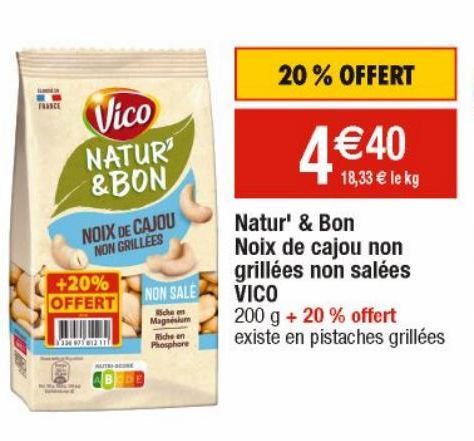 Natur' et Bon Noix de cajou non grillées non salées VICO