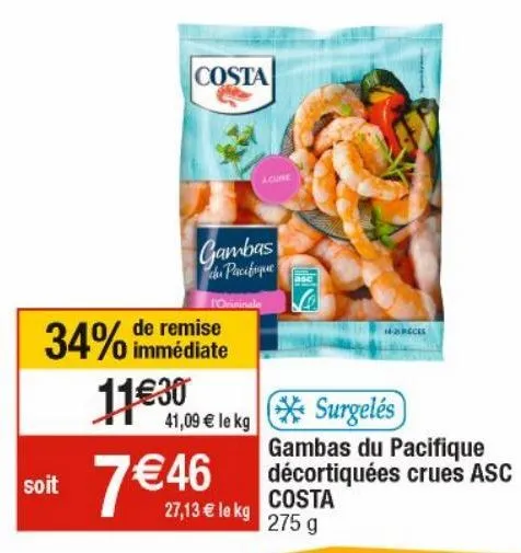 gambas du pacifique décortiquées crues asc costa