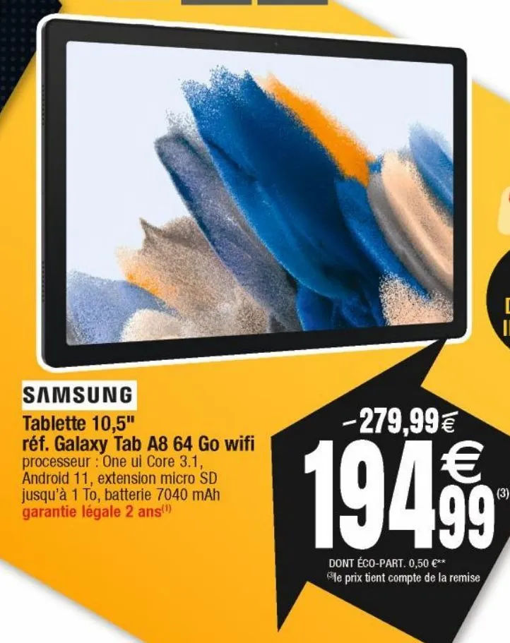 samsung tablette 10.50" réf. galaxy tab a8 64 go wifi