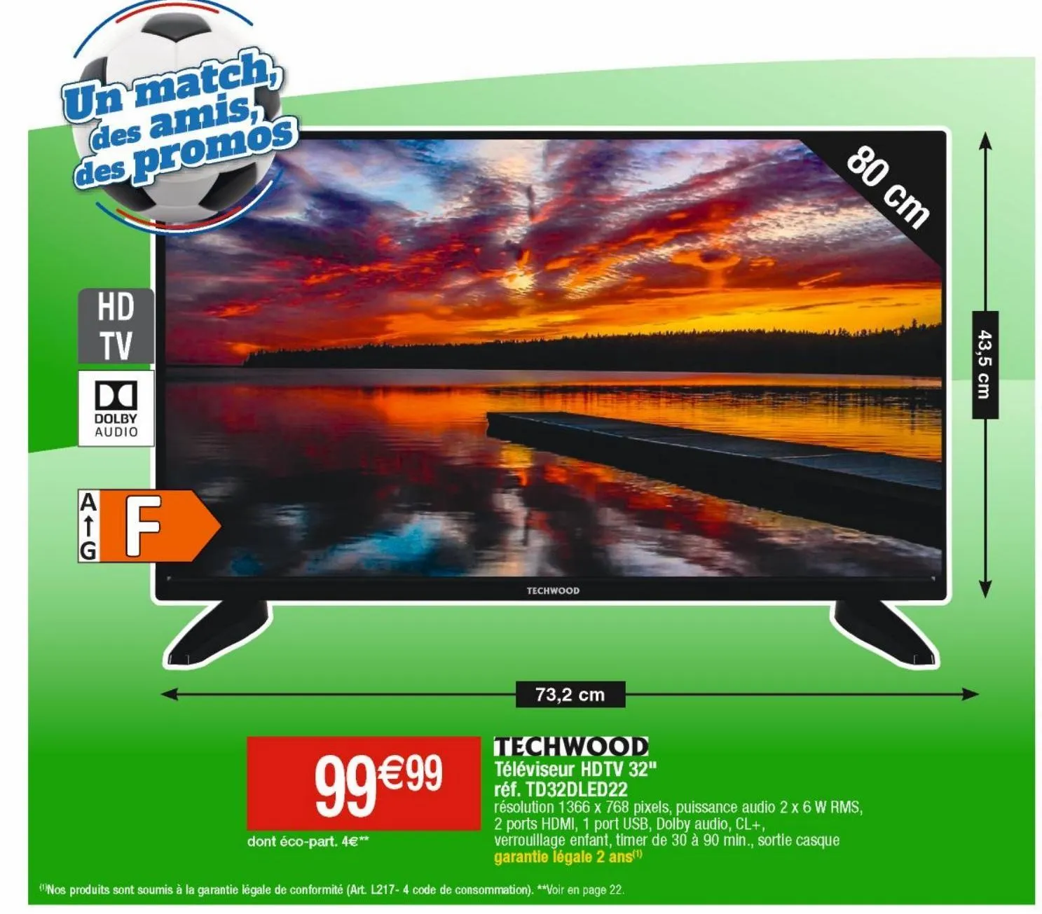 techwood téléviseur hd tv 32" réf.td32dled22