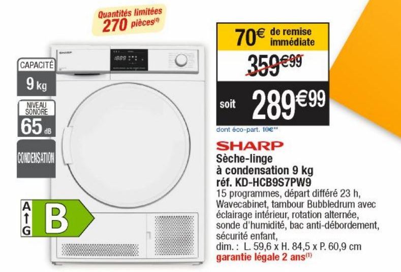 SHARP sèche-linge à condensation 9kg réf.KD-HCB9S7PW9