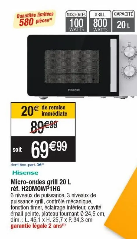 hisense micro-ondes grill 20l réf.h20mowp1hg
