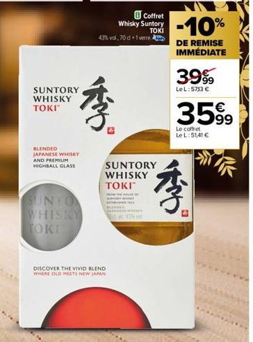 SUNTORY WHISKY TOKI  BLENDED JAPANESE WHISKY AND PREMIUM HIGHBALL GLASS  SUNTO WHISKY TOKI  43% vol. 70 d 1 verre  Coffret Whisky Suntory TOKI  175  SUNTORY WHISKY TOKI™  HOW THE  H  DISCOVER THE VIVI