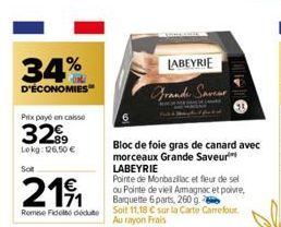 34%  D'ÉCONOMIES  Prix payé en caisse  3299  Lokg: 126,50 €  Bloc de foie gras de canard avec morceaux Grande Saveur LABEYRIE  LABEYRIE  Grande Saver 