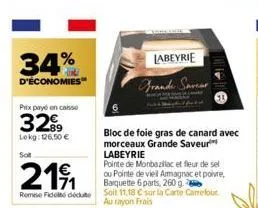 34%  d'économies  prix payé en caisse  3299  lokg: 126,50 €  bloc de foie gras de canard avec morceaux grande saveur labeyrie  labeyrie  grande saver 