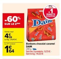 -60%  SUR LE 2  Vendu soul  409  Le kg 2045 €  Le 2 produt  14  Daim  Stack  Bonbons chocolat caramel DAIM  200 g  Soit les 2 produits: 5,73 €-Soit le kg: 14,33 €  VIGNETTE  