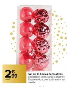 2.99  Leset  N  Set de 16 boules décoratives En plastique, coloris fuchsia transparent Existe en coloris bleu, doré cuivré et vert menthe  