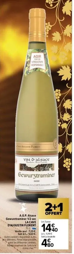 agir fourie viticulture responsable  castin florent  vin d'alsace  pollarins ale  gewurztraminer  2020  201 11.7 + 1.-48770 ammer  a.o.p. alsace gewurztraminer 1/2 sec la cave d'augustin florent  75 d