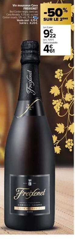 Vin mousseux Cava FREIXENET  Brut Cordon negro, demi-sec Carta Nevada, 11,5% vol ou rosé Cordon rosado, 12% vol. 75 d.  -50%  Vendu seul: 6.15 € SUR LE 2ÈME  Soit le L:8,20 €.  Freixenet  THE  METOL A