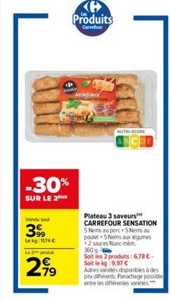 -30%  SUR LE 2  Vendu sou  399  Le kg: 1174 €  Le 2 podu  79  NEMS MIX  Produits  Carrefour  NUTRI-SCORE  ABCDE  Plateau 3 saveurs CARREFOUR SENSATION  5 Nems au porc+ 5 Nems au poulet 5 Nems aux légu