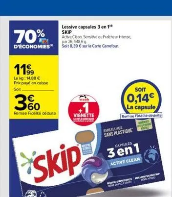 70%  d'économies™ soit 8,39 € sur la carte carrefour.  11⁹9  le kg: 14,88 €  prix payé en caisse  soit  €  60  remise fidélité déduite  lessive capsules 3 en 1⁰⁰  skip  active clean, sensitive ou frai