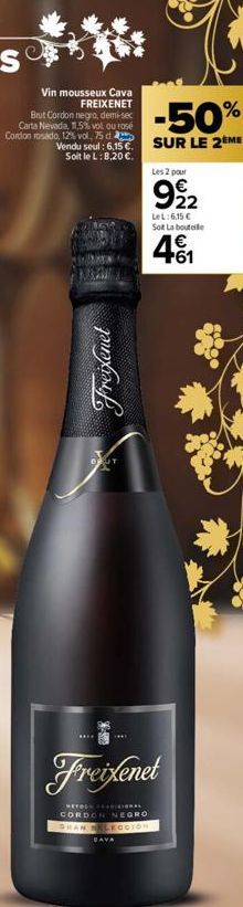 Vin mousseux Cava FREIXENET  Brut Cordon negro, demi-sec Carta Nevada, 11,5% vol ou rosé Cordon rosado, 12% vol. 75 d.  -50%  Vendu seul: 6,15 € SUR LE 2ÈME  Soit le L: 8,20 €.  MEAN  Freixenet  THE  