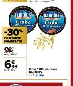 -30%  de remise immédiate  nautilus  crabe  -100% morceaux  90 le kg: 4714 €  693  lokg: 33 €  nautilus  crabe  -100% morceaux  crabe 100% morceaux nautilus  2x 105g 