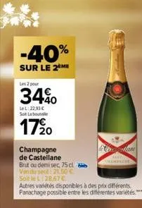 -40%  sur le 2⁰ me  les 2 pour  34%  lel: 22,93 € sot la boute  1720  champagne de castellane  brut ou demi sec, 75 cl vendu seul: 21,50 €  soit le l:28,67 €  autres variétés disponibles à des prix di