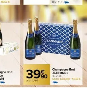 39%  le l: 1773 €  champagne  jeanmaire  jako srce  90 3x75 cl  champagne brut jeanmaire  soit la bouteille: 13,30 € 